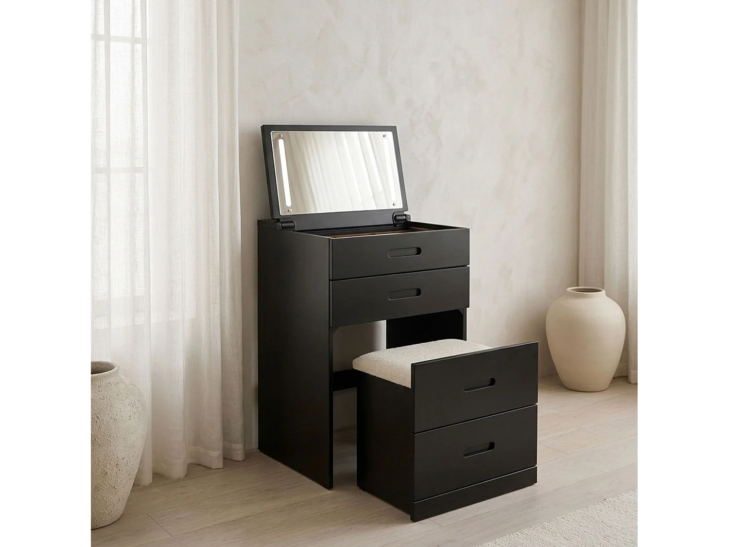 Coiffeuse compacte 48cm avec miroir LED, tiroir et pouf intégré Germina Noir