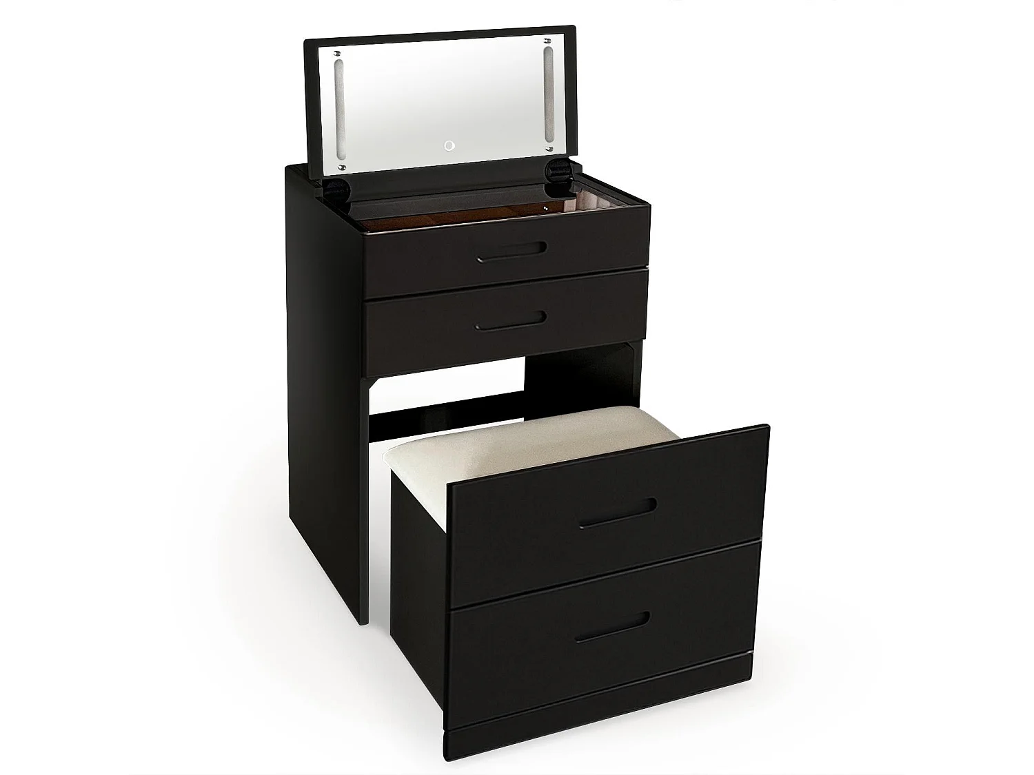 Coiffeuse compacte 60cm avec miroir LED, tiroir et pouf intégré Germina XL Noir