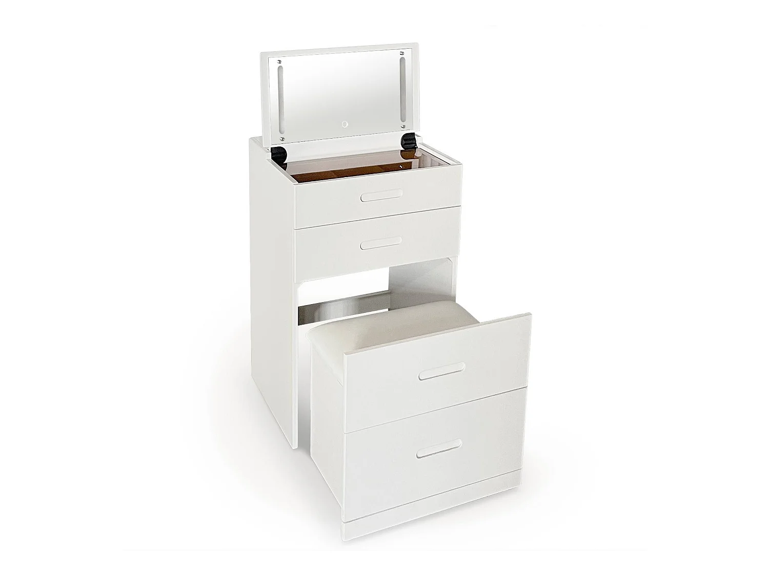 Coiffeuse compacte 48cm avec miroir LED, tiroir et pouf intégré Germina Blanc