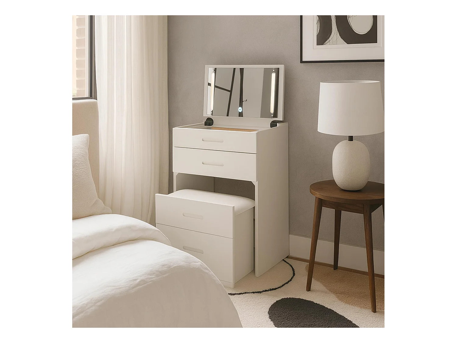 Coiffeuse compacte 48cm avec miroir LED, tiroir et pouf intégré Germina Blanc