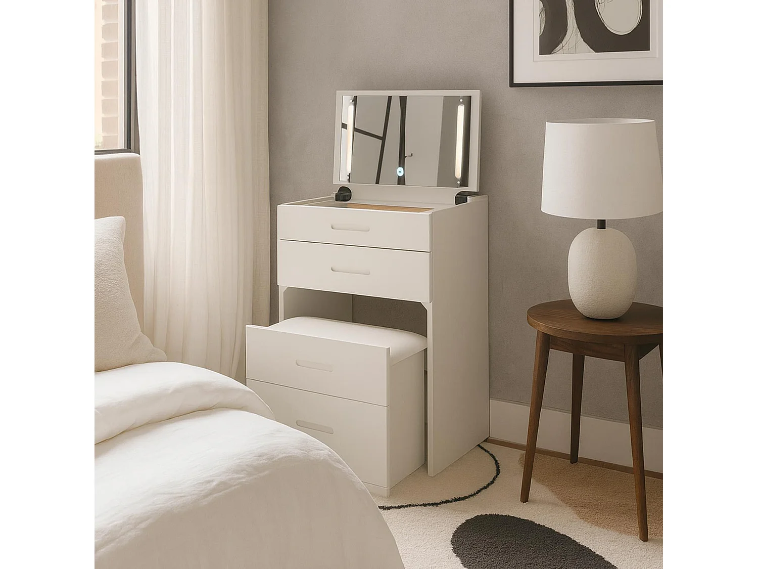 Coiffeuse compacte 48cm avec miroir LED, tiroir et pouf intégré Germina Blanc
