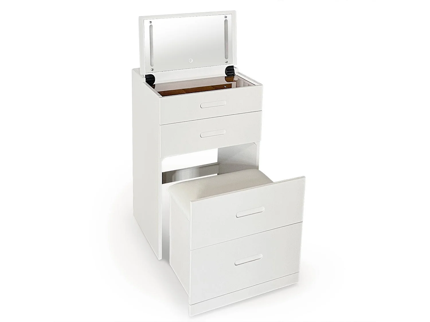 Coiffeuse compacte 48cm avec miroir LED, tiroir et pouf intégré Germina Blanc