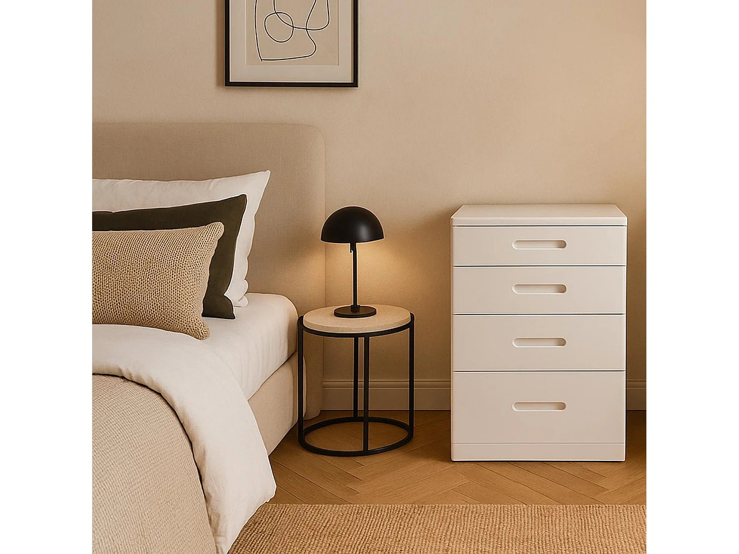 Coiffeuse compacte 48cm avec miroir LED, tiroir et pouf intégré Germina Blanc