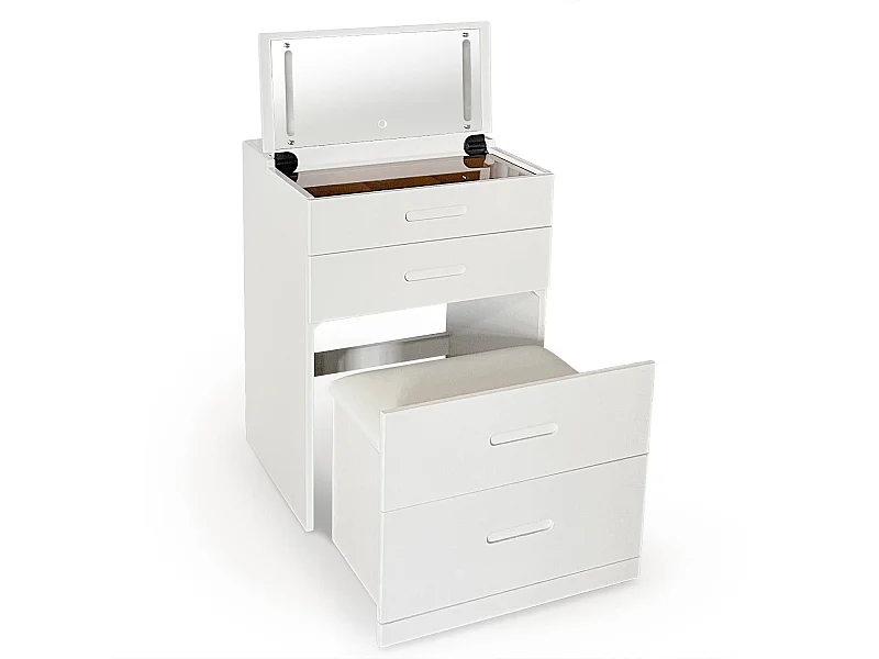 Coiffeuse compacte 60cm avec miroir LED, tiroir et pouf intégré Germina XL Blanc