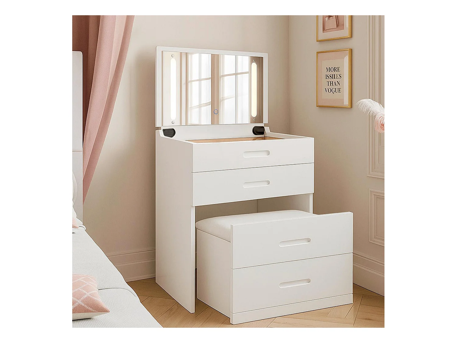 Coiffeuse compacte 60cm avec miroir LED, tiroir et pouf intégré Germina XL Blanc