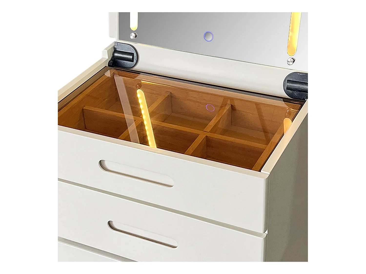 Coiffeuse compacte 60cm avec miroir LED, tiroir et pouf intégré Germina XL Blanc