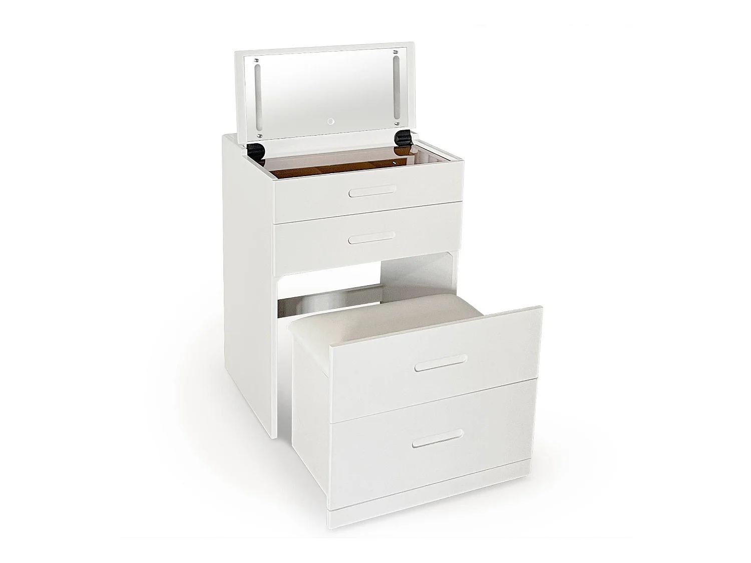 Coiffeuse compacte 60cm avec miroir LED, tiroir et pouf intégré Germina XL Blanc