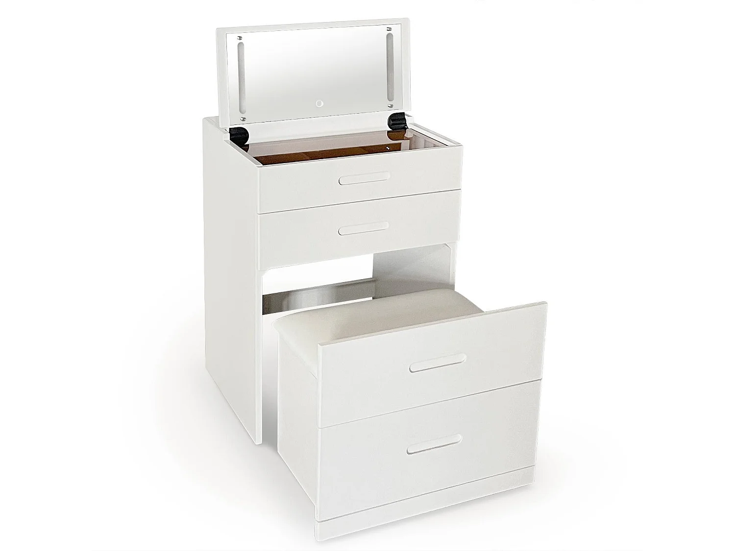 Coiffeuse compacte 60cm avec miroir LED, tiroir et pouf intégré Germina XL Blanc