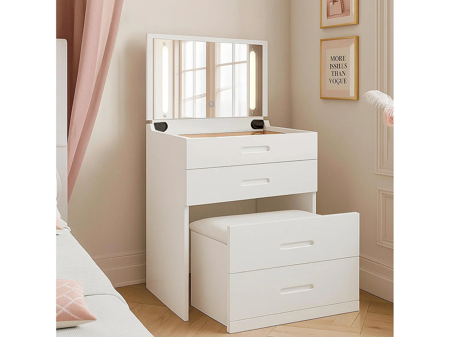 Coiffeuse compacte 60cm avec miroir LED, tiroir et pouf intégré Germina XL Blanc