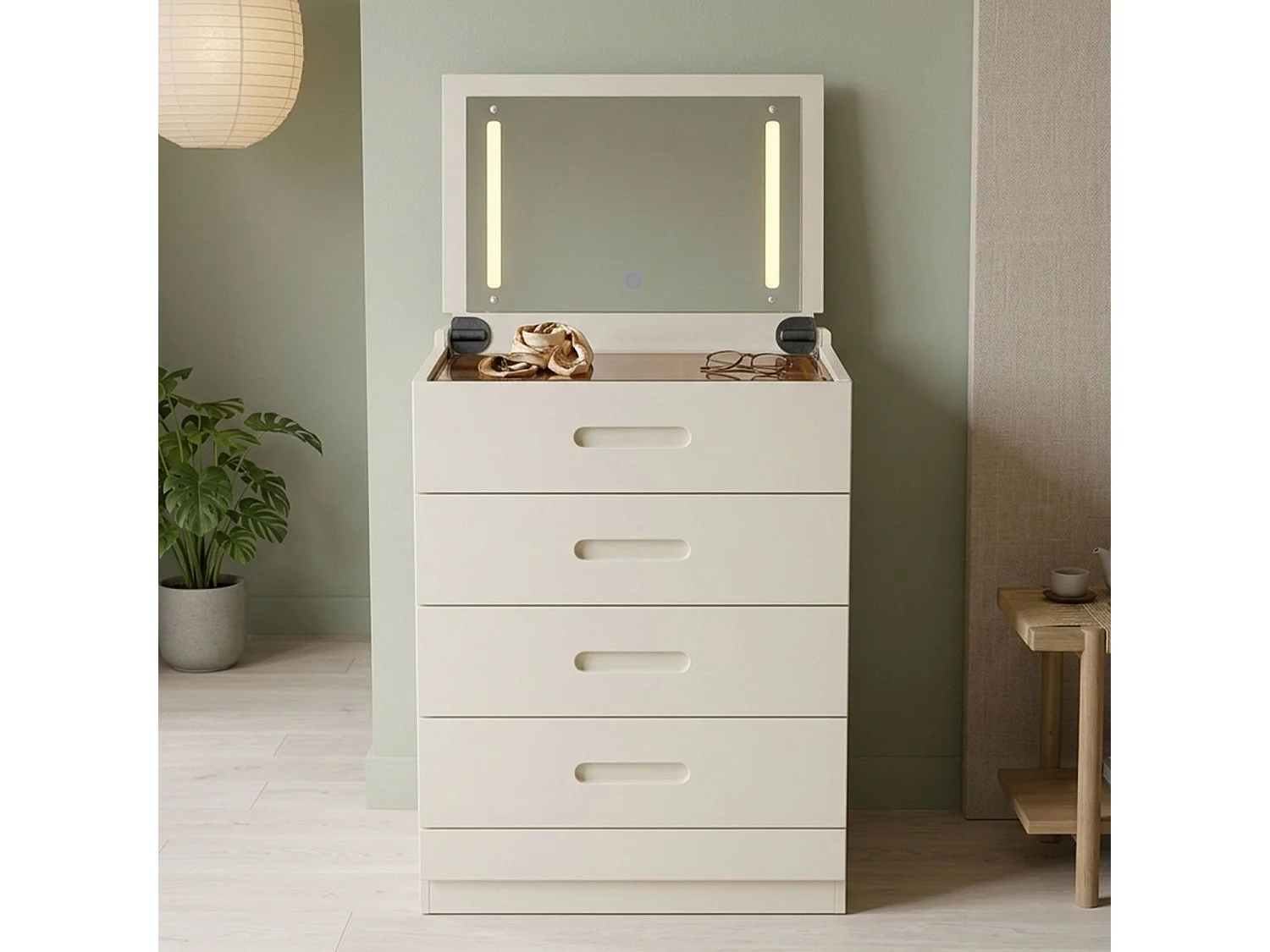 Coiffeuse compacte 60cm avec miroir LED, tiroir et pouf intégré Germina XL Blanc