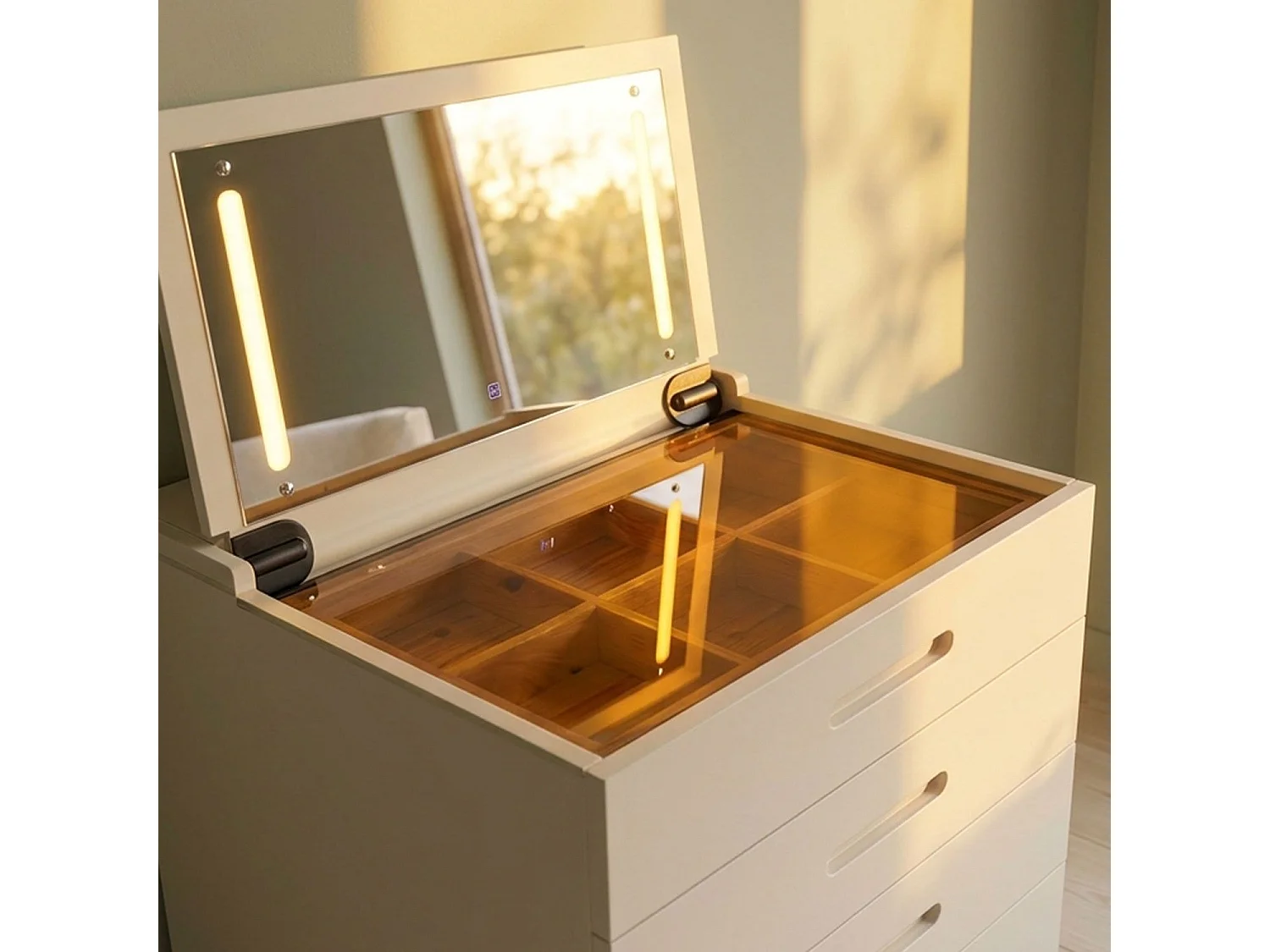 Coiffeuse compacte 60cm avec miroir LED, tiroir et pouf intégré Germina XL Blanc