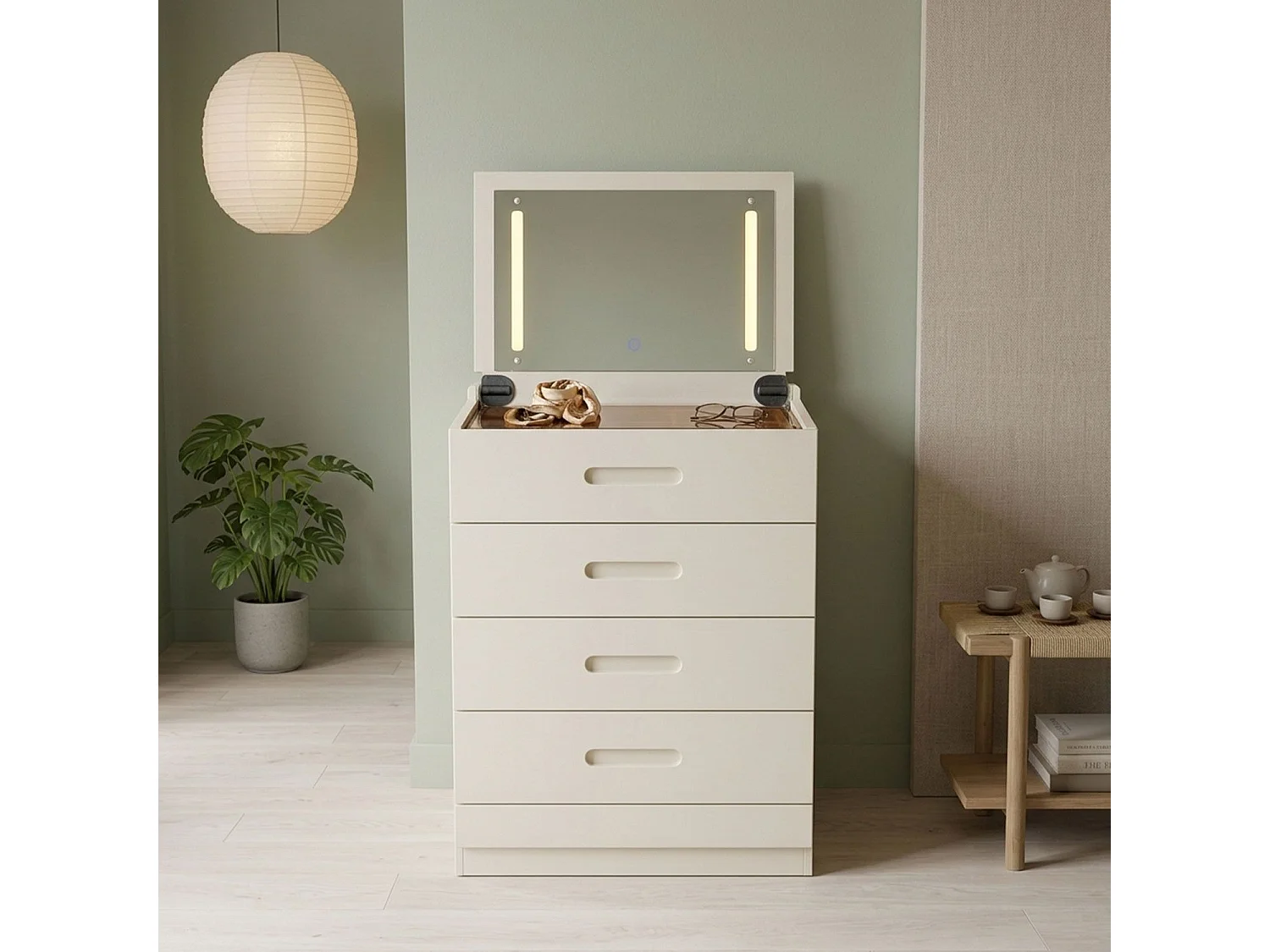 Coiffeuse compacte 60cm avec miroir LED, tiroir et pouf intégré Germina XL Blanc