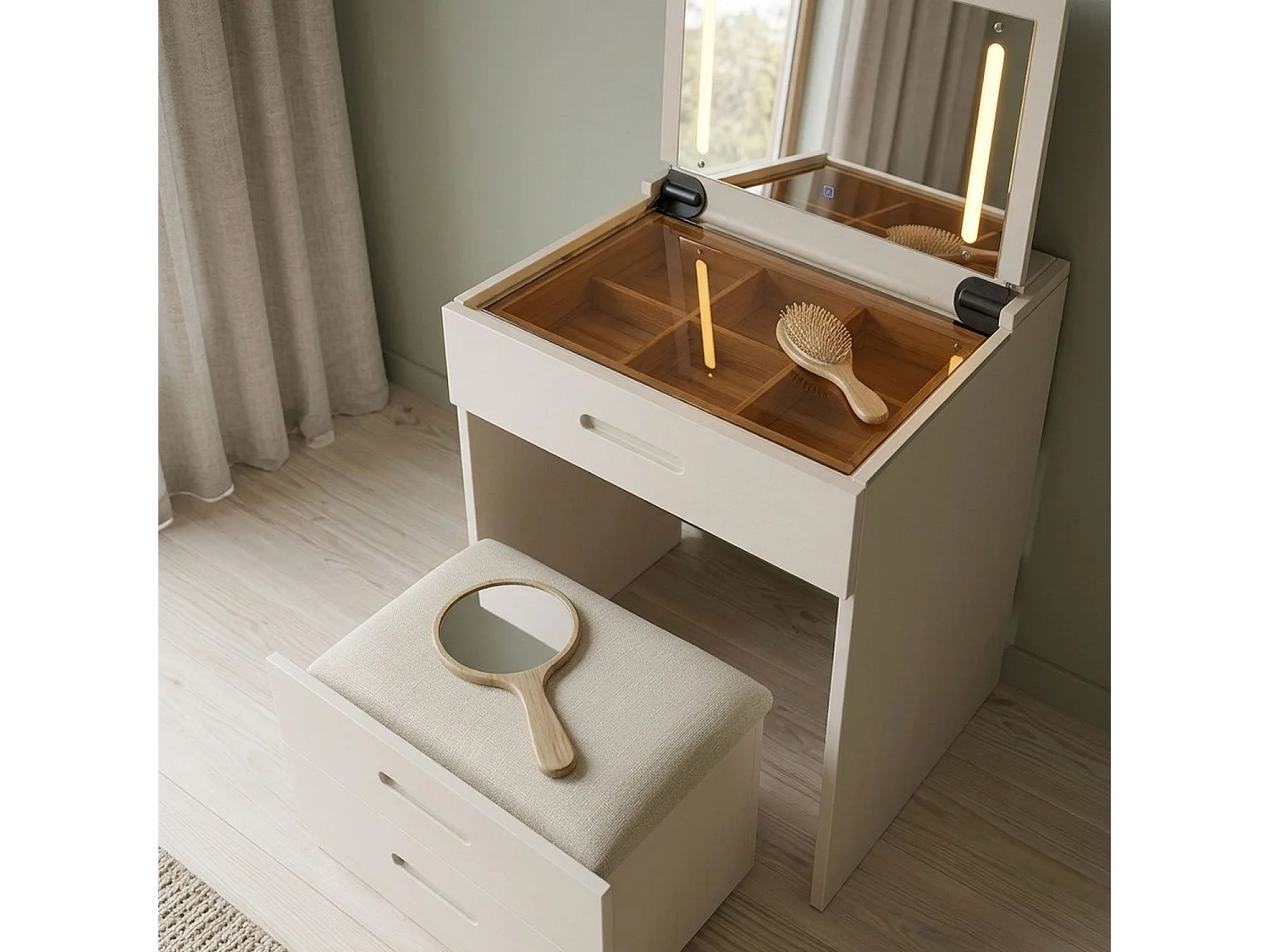 Coiffeuse compacte 60cm avec miroir LED, tiroir et pouf intégré Germina XL Blanc