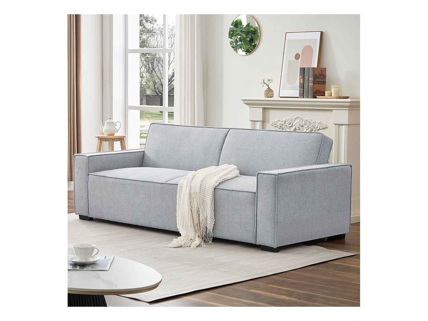 Canapé convertible clic-clac 3 places Pikado Tissu effet lin Gris clair