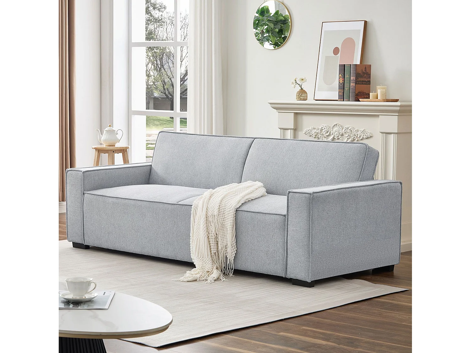 Canapé convertible clic-clac 3 places Pikado Tissu effet lin Gris clair