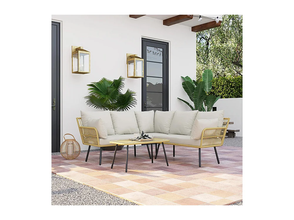 Ensemble salon de jardin d'angle 5 places en résine tressée effet rotin avec coussins et table basse rectangulaire