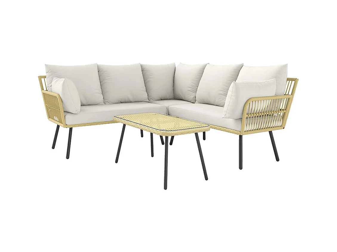 Ensemble salon de jardin d'angle 5 places en résine tressée effet rotin avec coussins et table basse rectangulaire