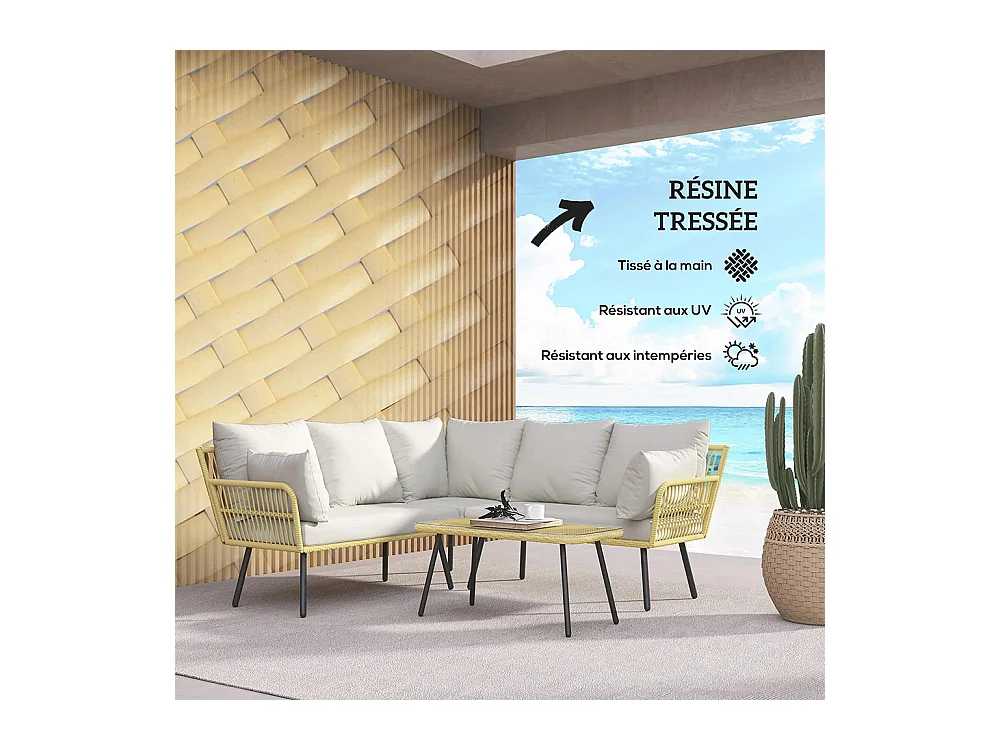 Ensemble salon de jardin d'angle 5 places en résine tressée effet rotin avec coussins et table basse rectangulaire