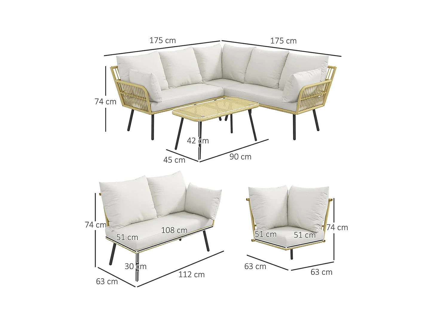 Ensemble salon de jardin d'angle 5 places en résine tressée effet rotin avec coussins et table basse rectangulaire