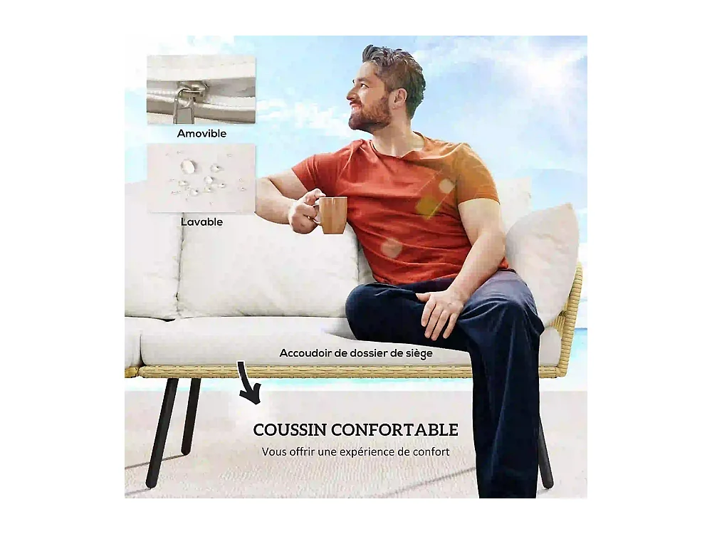 Ensemble salon de jardin d'angle 5 places en résine tressée effet rotin avec coussins et table basse rectangulaire