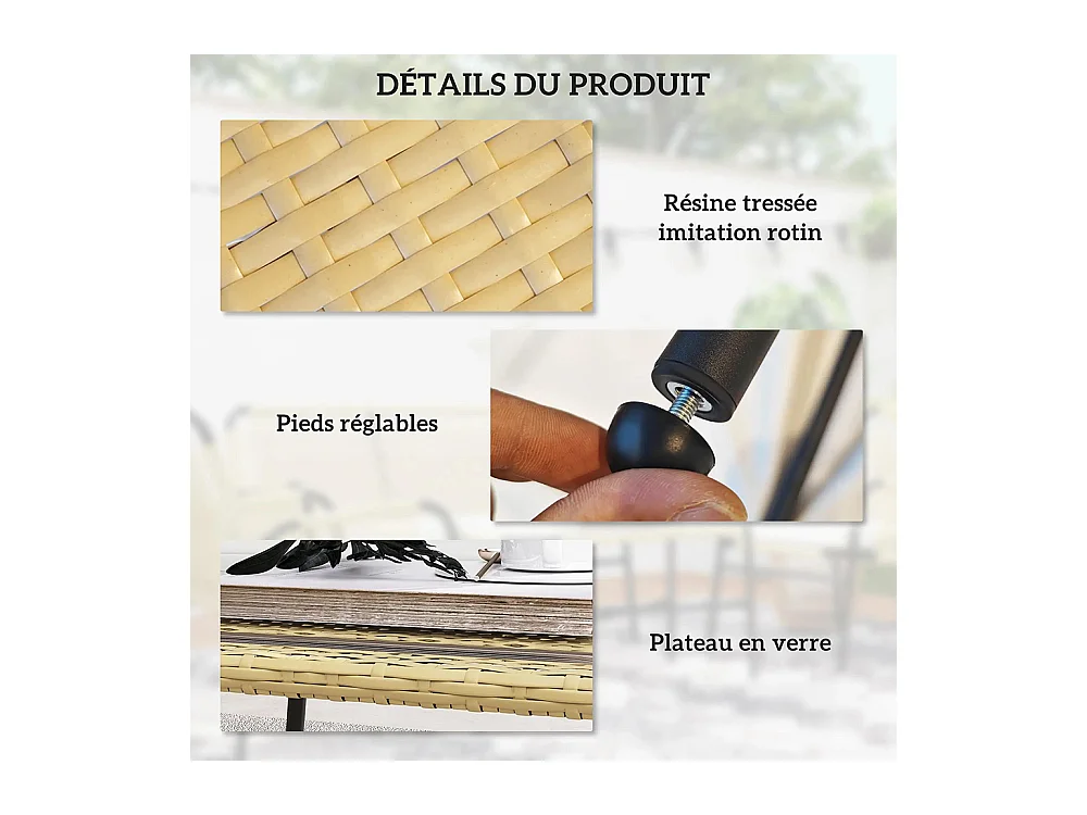 Ensemble salon de jardin d'angle 5 places en résine tressée effet rotin avec coussins et table basse rectangulaire