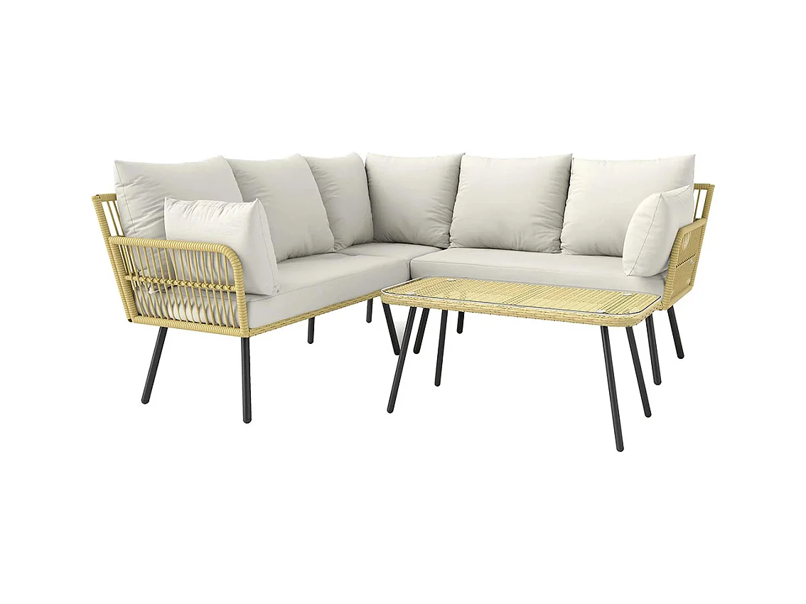 Ensemble salon de jardin d'angle 5 places en résine tressée effet rotin avec coussins et table basse rectangulaire