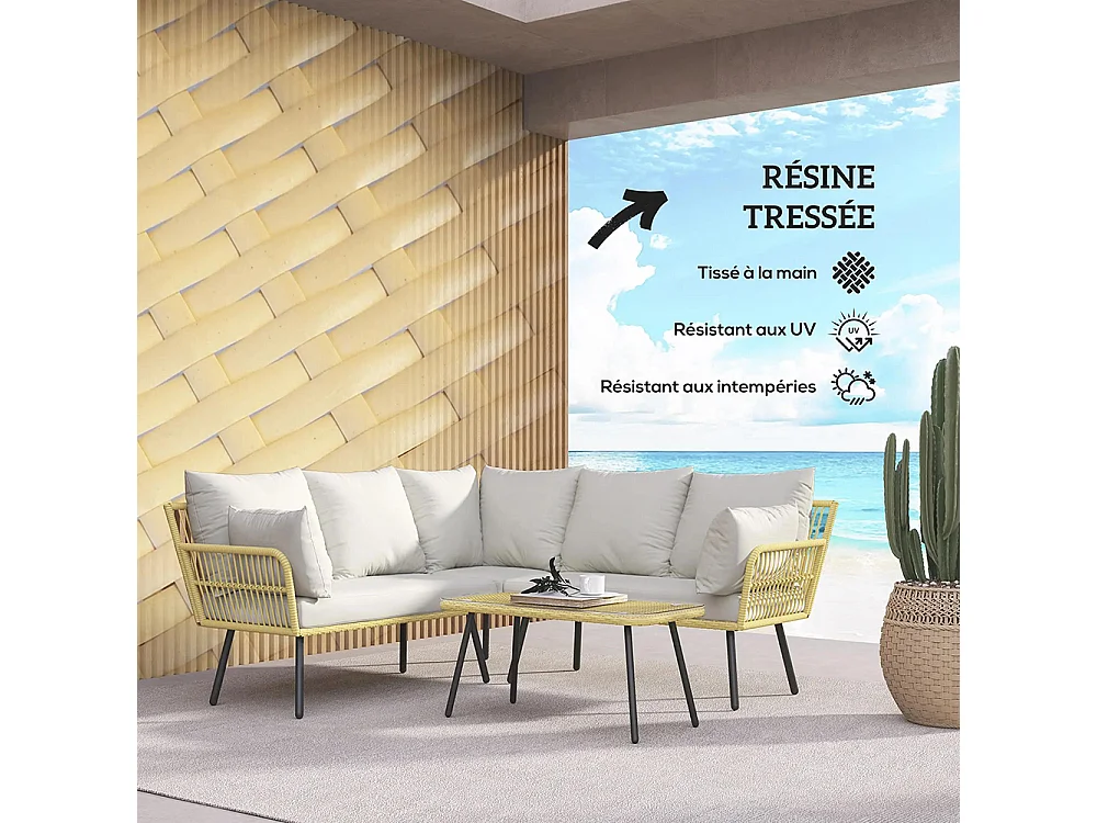 Ensemble salon de jardin d'angle 5 places en résine tressée effet rotin avec coussins et table basse rectangulaire