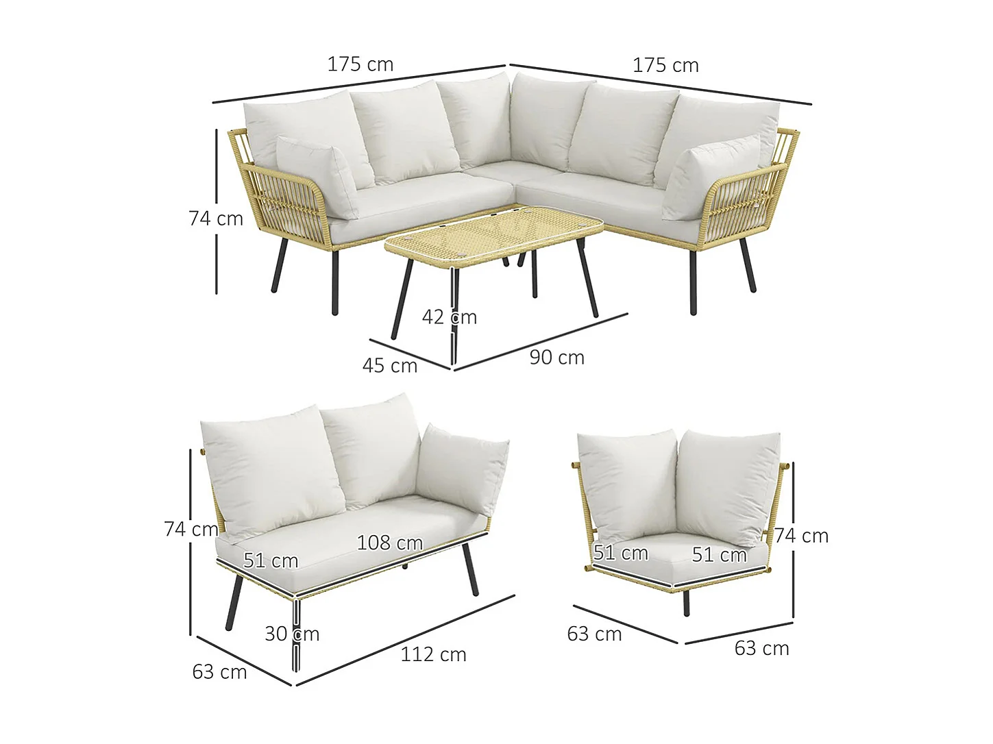 Ensemble salon de jardin d'angle 5 places en résine tressée effet rotin avec coussins et table basse rectangulaire