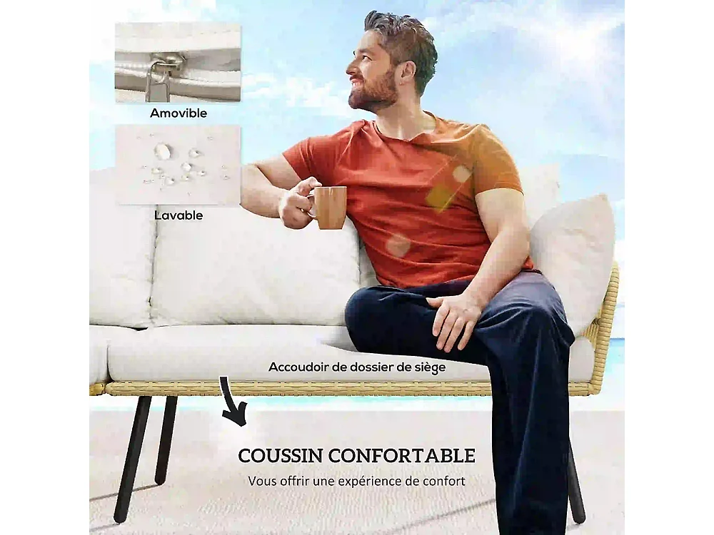 Ensemble salon de jardin d'angle 5 places en résine tressée effet rotin avec coussins et table basse rectangulaire