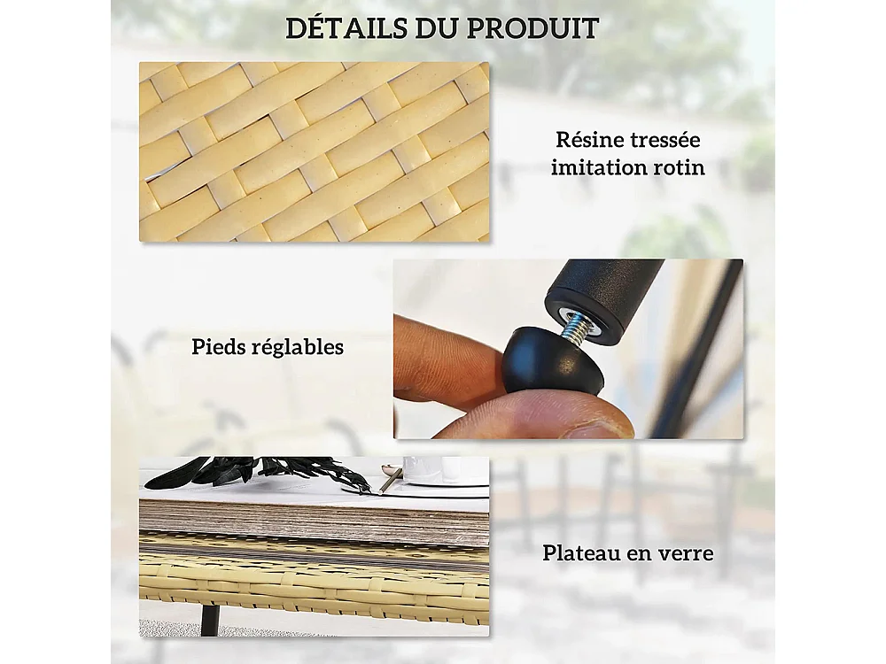 Ensemble salon de jardin d'angle 5 places en résine tressée effet rotin avec coussins et table basse rectangulaire