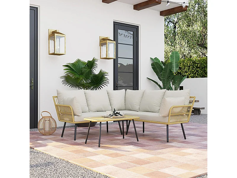 Ensemble salon de jardin d'angle 5 places en résine tressée effet rotin avec coussins et table basse rectangulaire