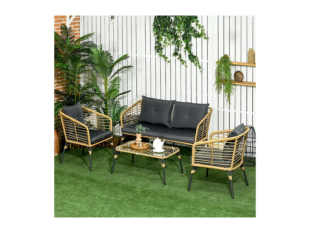 Ensemble salon de jardin 4 pièces canapé 2 places 2 fauteuils 1 table basse 7 coussins métal et résine imitation rotin