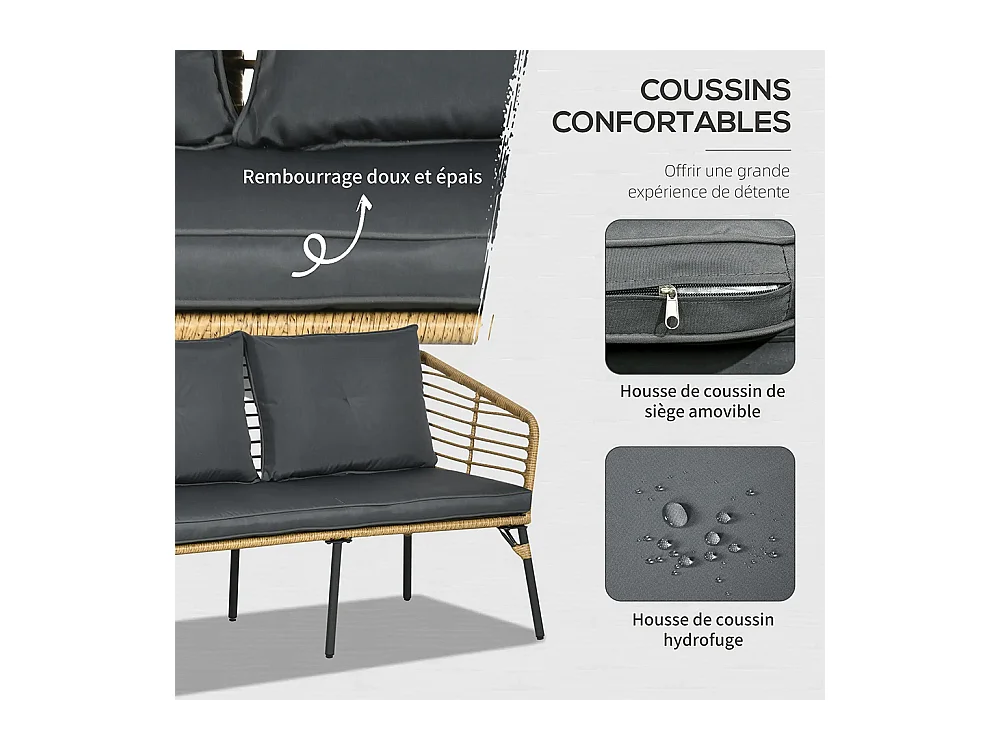 Ensemble salon de jardin 4 pièces canapé 2 places 2 fauteuils 1 table basse 7 coussins métal et résine imitation rotin