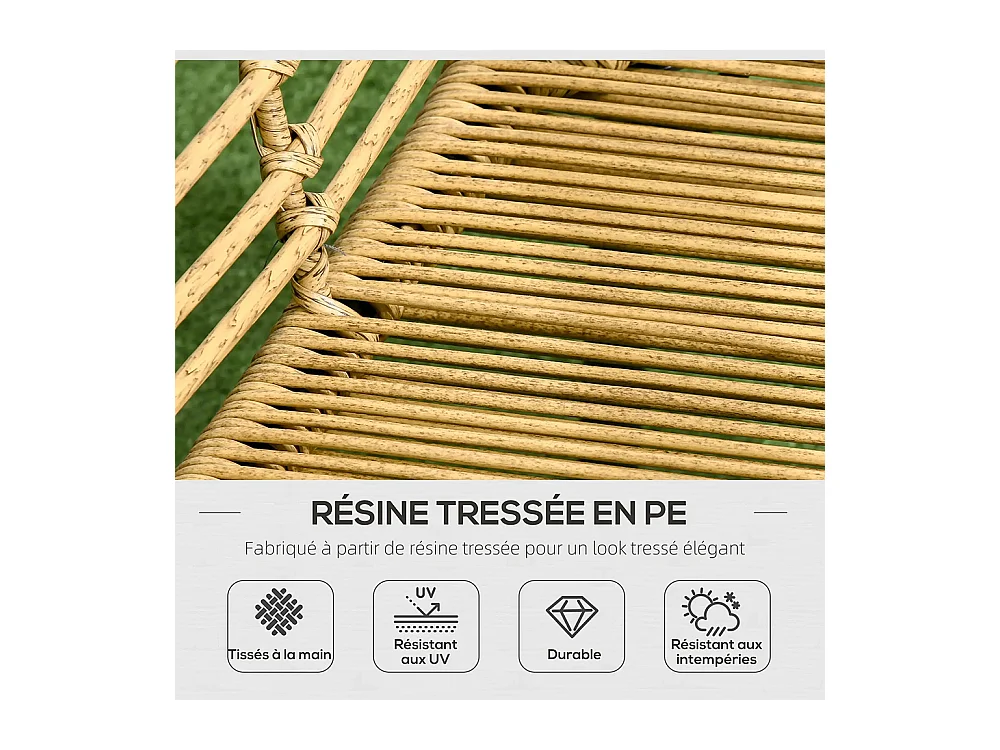 Ensemble salon de jardin 4 pièces canapé 2 places 2 fauteuils 1 table basse 7 coussins métal et résine imitation rotin