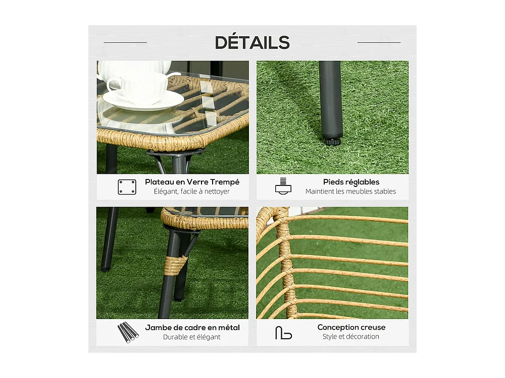 Ensemble salon de jardin 4 pièces canapé 2 places 2 fauteuils 1 table basse 7 coussins métal et résine imitation rotin