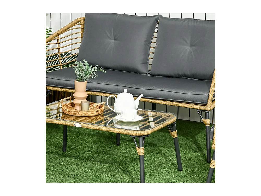 Ensemble salon de jardin 4 pièces canapé 2 places 2 fauteuils 1 table basse 7 coussins métal et résine imitation rotin