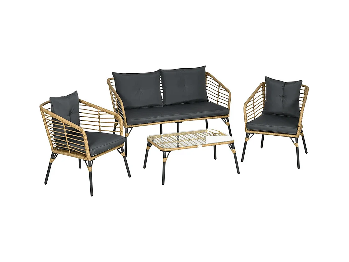 Ensemble salon de jardin 4 pièces canapé 2 places 2 fauteuils 1 table basse 7 coussins métal et résine imitation rotin