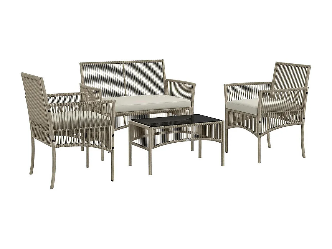 Ensemble salon de jardin 4 pièces canapé 2 places 2 fauteuils 1 table basse plateau verre trempé