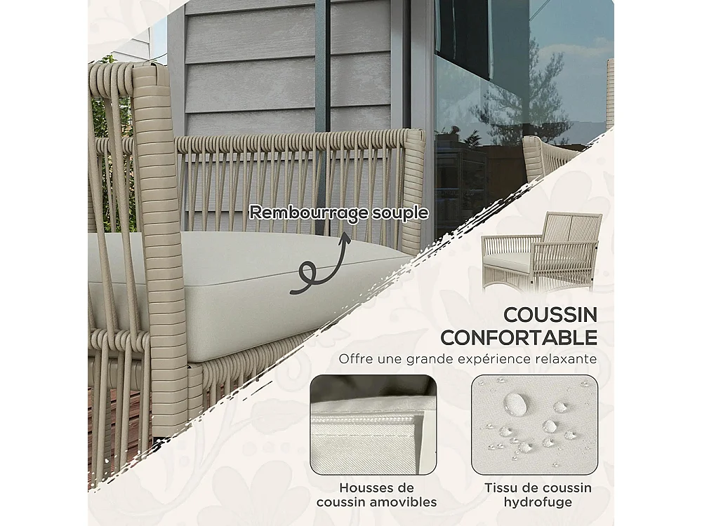 Ensemble salon de jardin 4 pièces canapé 2 places 2 fauteuils 1 table basse plateau verre trempé