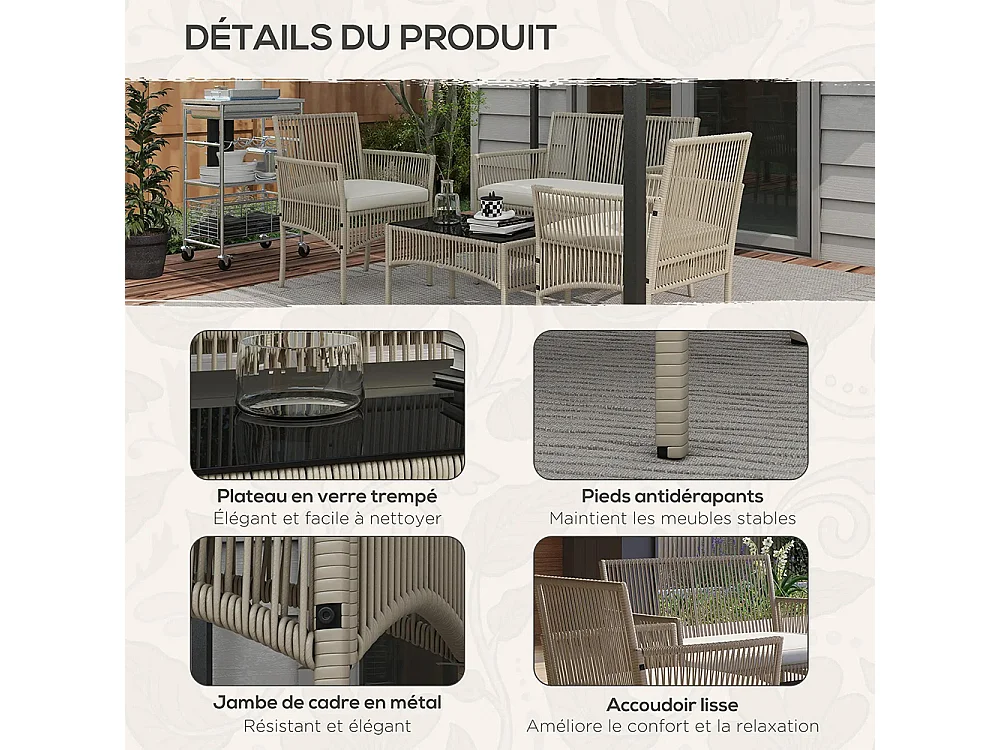 Ensemble salon de jardin 4 pièces canapé 2 places 2 fauteuils 1 table basse plateau verre trempé