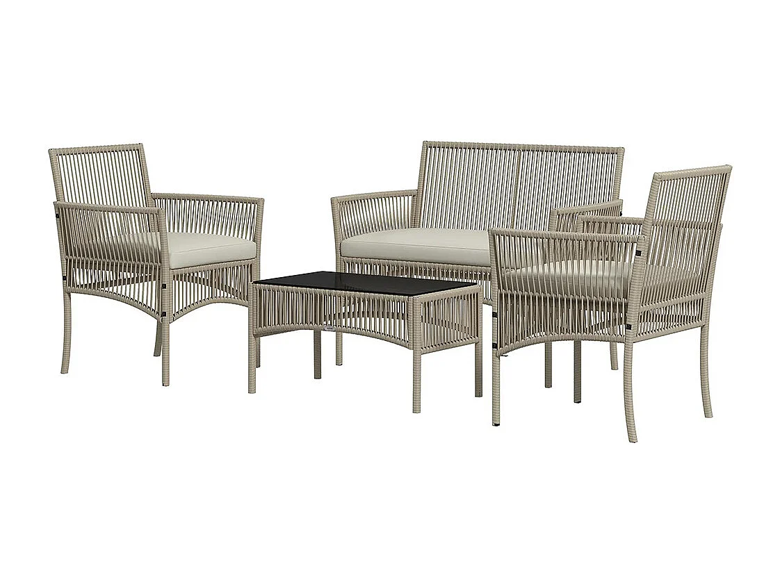 Ensemble salon de jardin 4 pièces canapé 2 places 2 fauteuils 1 table basse plateau verre trempé