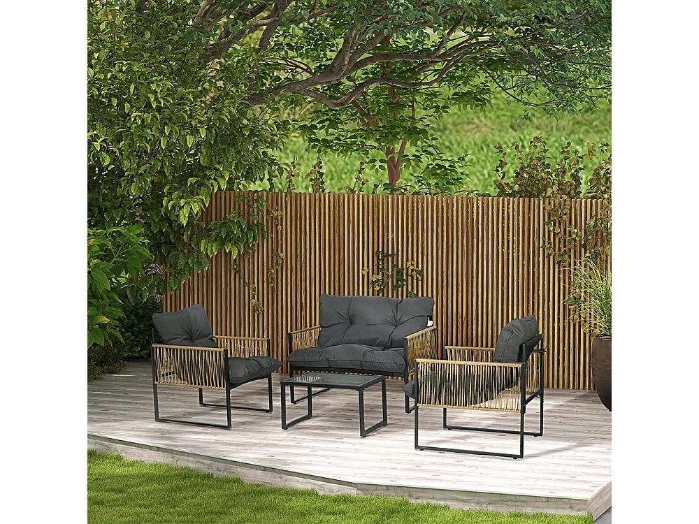 Ensemble salon de jardin 4 pièces canapé 2 places 2 fauteuils et 1 table basse plateau verre trempé 3 coussins gris