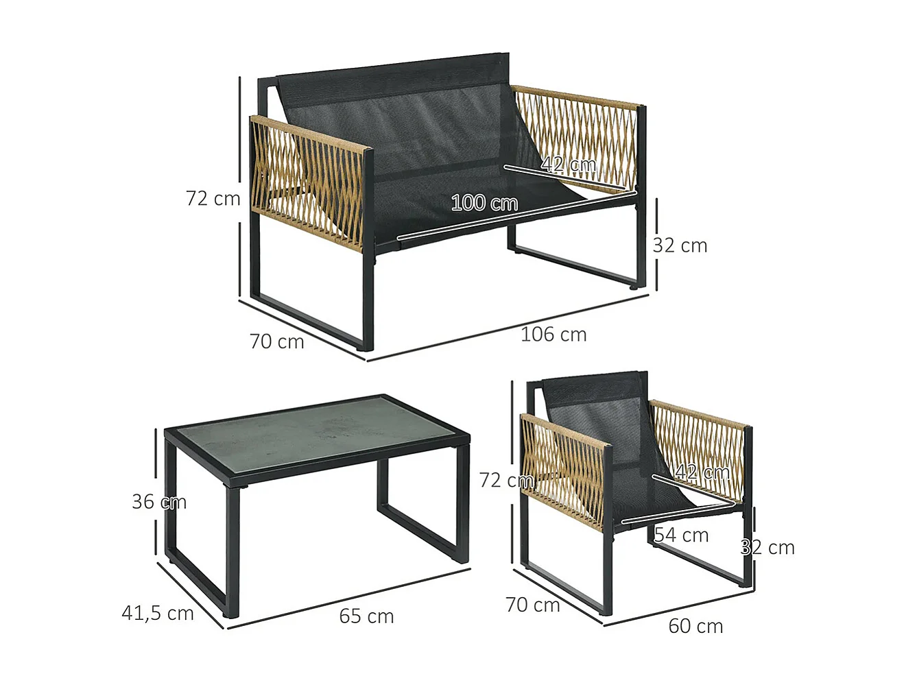 Ensemble salon de jardin 4 pièces canapé 2 places 2 fauteuils et 1 table basse plateau verre trempé 3 coussins gris