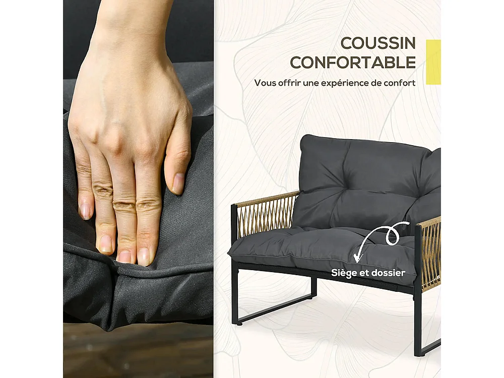 Ensemble salon de jardin 4 pièces canapé 2 places 2 fauteuils et 1 table basse plateau verre trempé 3 coussins gris