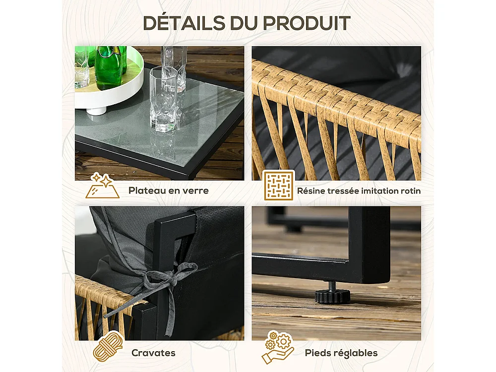 Ensemble salon de jardin 4 pièces canapé 2 places 2 fauteuils et 1 table basse plateau verre trempé 3 coussins gris