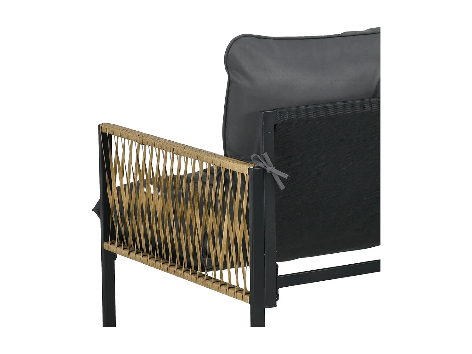 Ensemble salon de jardin 4 pièces canapé 2 places 2 fauteuils et 1 table basse plateau verre trempé 3 coussins gris