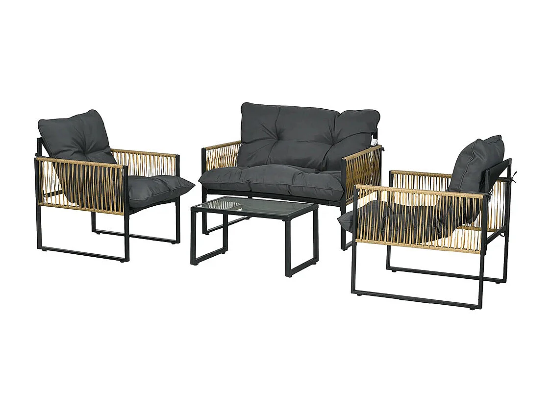 Ensemble salon de jardin 4 pièces canapé 2 places 2 fauteuils et 1 table basse plateau verre trempé 3 coussins gris