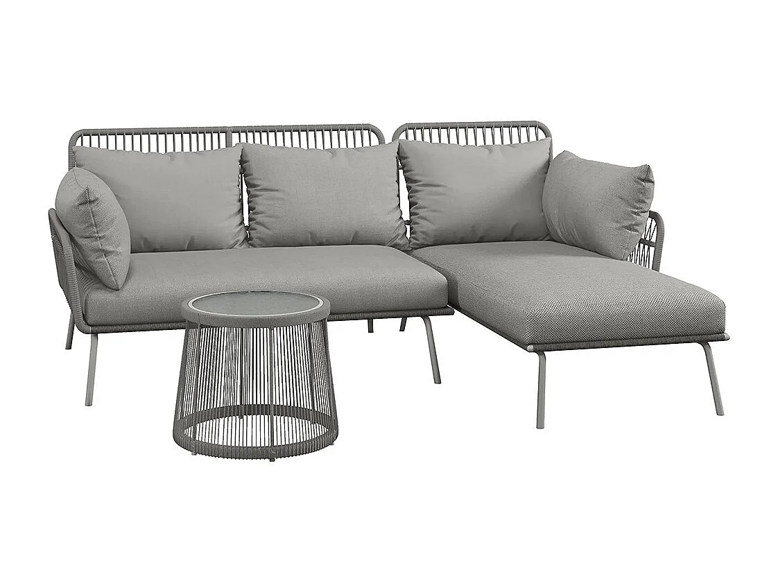 Salon de jardin d'angle 4 pers style colonial table basse coussins grand confort inclus résine tressée gris