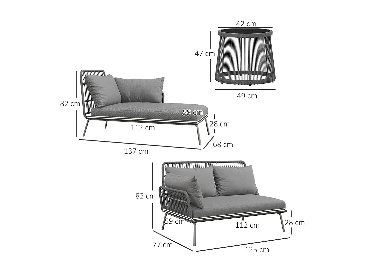 Salon de jardin d'angle 4 pers style colonial table basse coussins grand confort inclus résine tressée gris