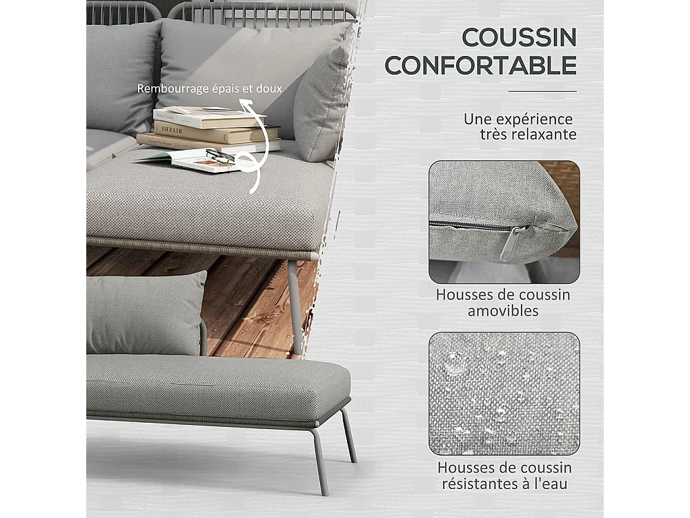 Salon de jardin d'angle 4 pers style colonial table basse coussins grand confort inclus résine tressée gris